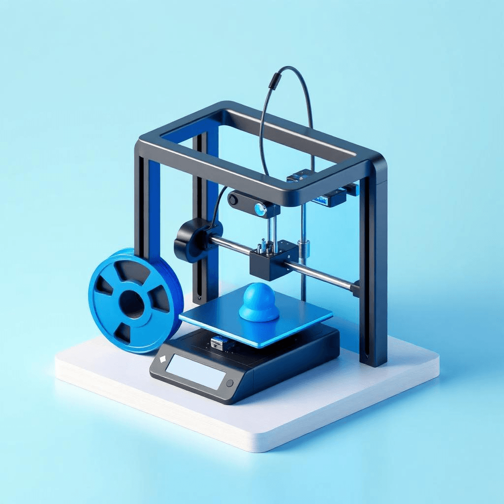 Impressora 3D com rolo de filamento azul